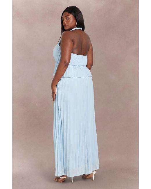 Boohoo Blue Plus Halter Neck Ruffle Pleated Maxi Dress