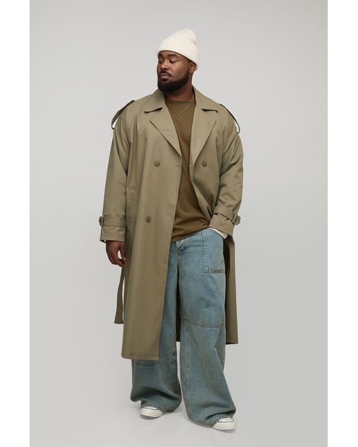 BoohooMAN Green Plus Oversized Fit Double Breasted Trench Coat for men