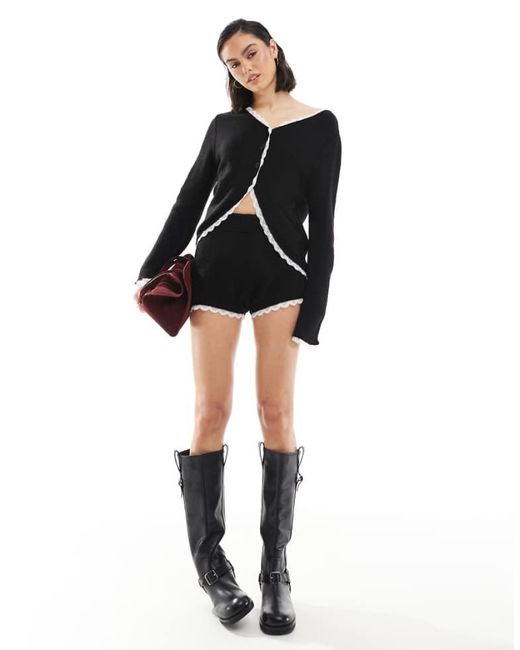 Miss Selfridge Black Knitted Lace Trim Booty Short Co Ord