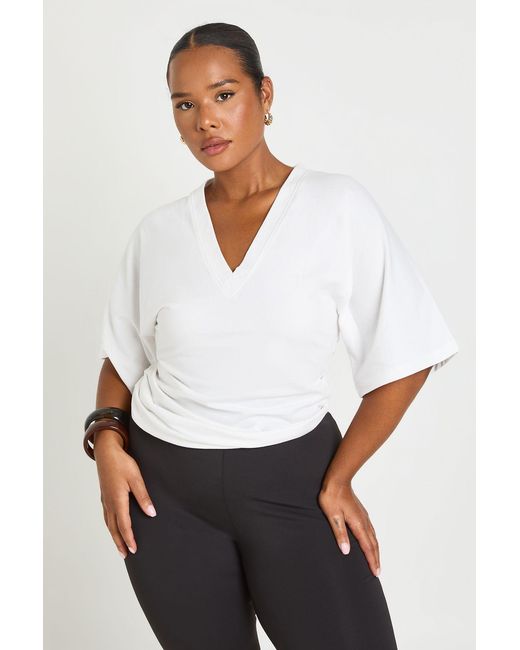 Boohoo White Plus V Neck Cinched Waist Top