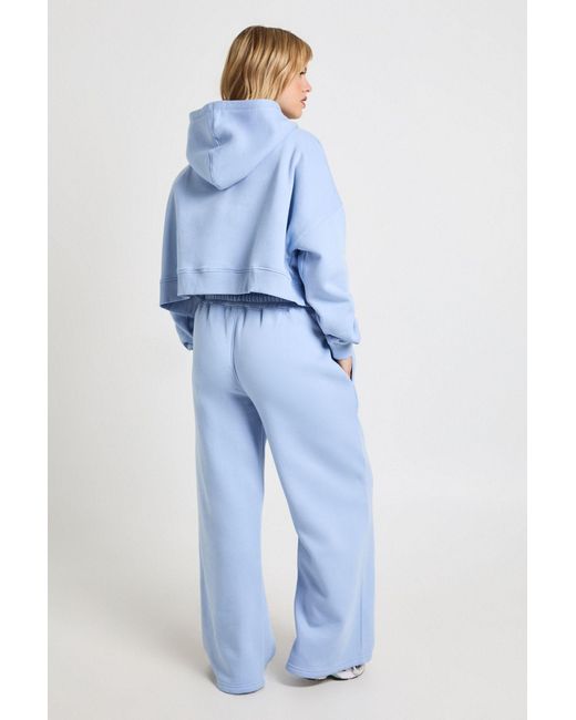 Boohoo Blue Petite Deep Hem Crop Top 3 Piece Hooded Tracksuit