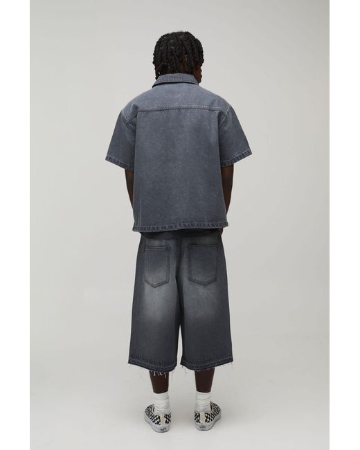 BoohooMAN Gray Washed Rhinestone Boxy Oversized Revere Denim Shirt for men