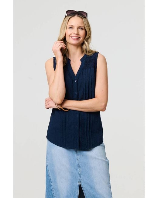 Izabel London Blue Lace Trim Sleeveless V-Neck Blouse
