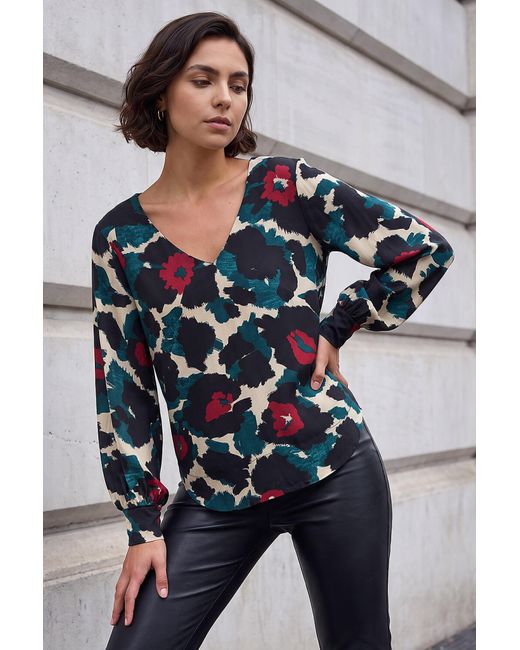 Roman Blue Animal Print V-Neck Top