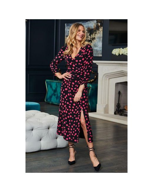 Sosandar Black Spot Print Ruched Waist Fit & Flare Dress