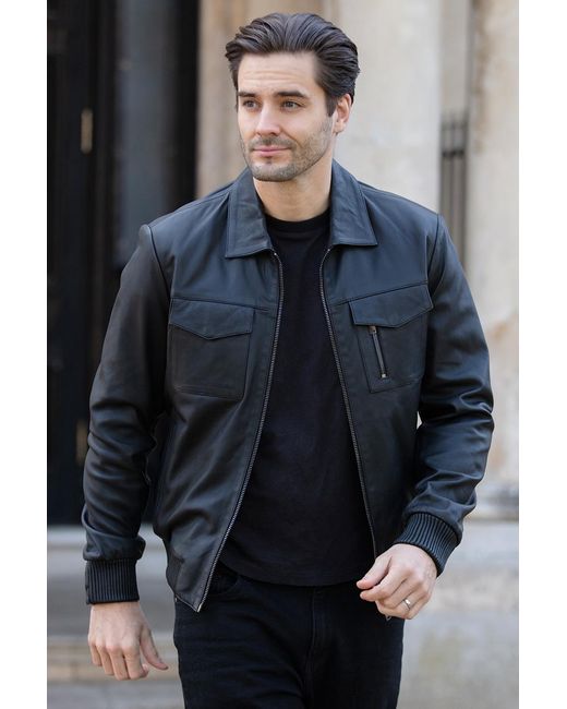 Ashwood Leather Blue 'Torino Classic' Real Classic Bomber Jacket With Brando Collar for men