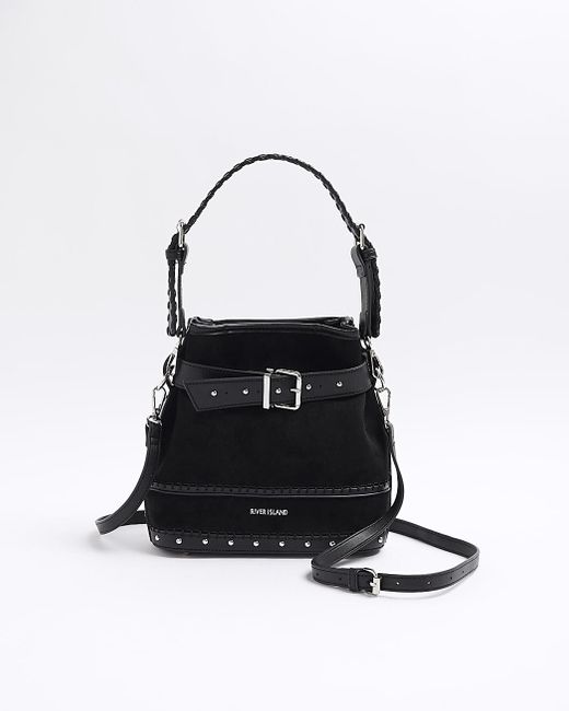 River Island White Shoulder Bag Suedette Buckle Bucket