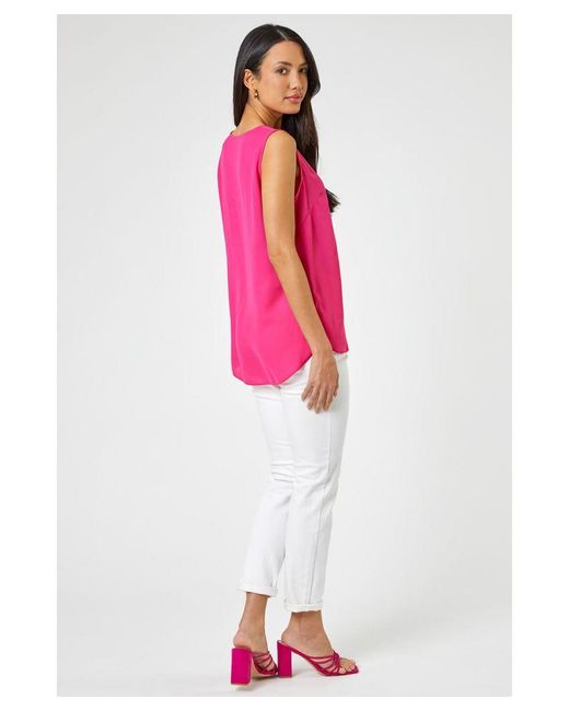 Roman Pink V-Neck Sleeveless Vest Pleat Top