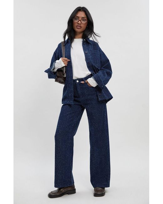 Boohoo Blue Boucle High Waist Denim Wide Leg Jean
