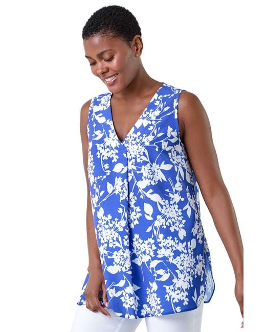 Roman Blue Ditsy Floral Sleeveless Pleat Vest Top