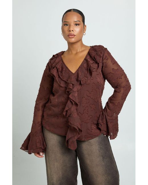 Boohoo Brown Plus Ruffle Burnout Blouse