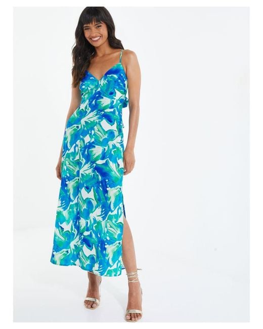 Quiz Blue Tropical Print Satin Midaxi Dress
