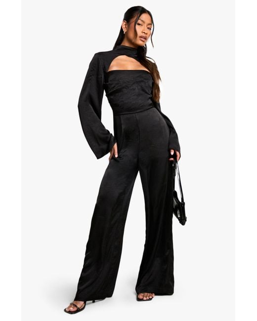 Boohoo Black Textured Satin High Neck Jumpsuit