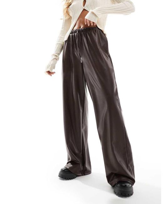 ASOS Brown Leather Look Tie Waist Wide Leg Trousers
