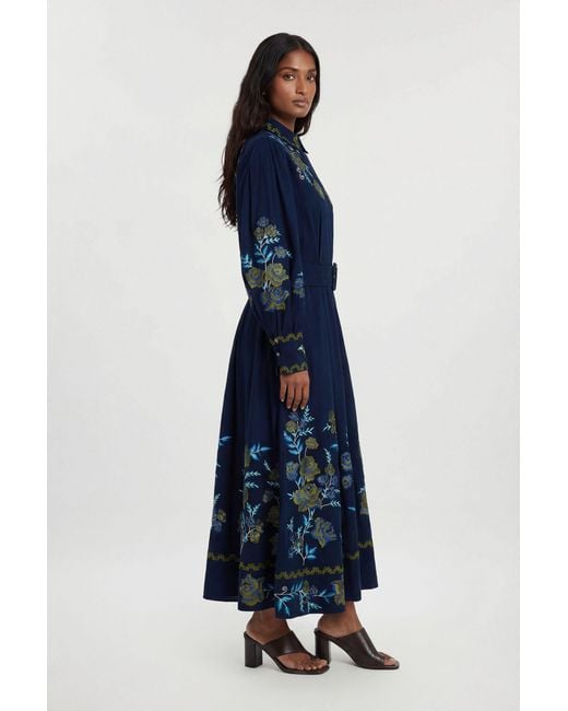 Karen Millen Blue Petite Rose Embroidered Cotton Twill Woven Shirt Dress With Eyelets