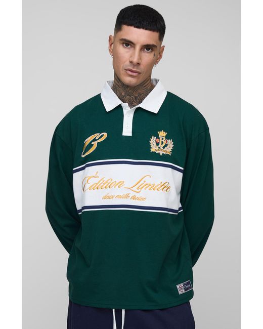 BoohooMAN Green Tall Oversized Varsity Embroidered Rugby Polo for men