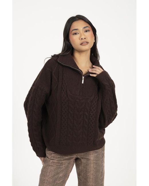 Brave Soul Black Quarter Zip Cable Knit Jumper
