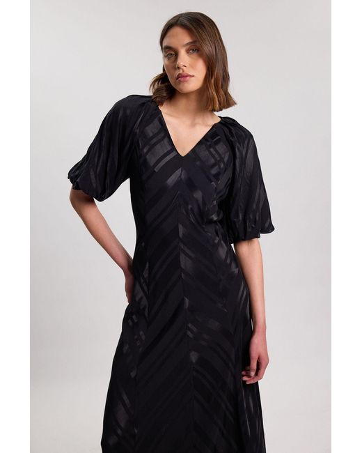 Karen Millen Black Stripe Fabric Detail Fluid Short Sleeve Midi Dress