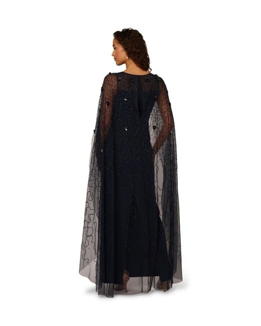 Adrianna Papell Blue Bead Cape Crepe Long Dress