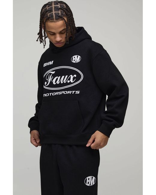 BoohooMAN Black Oversized Boxy Moto Faux Graphic Hooded Tracksuit for men