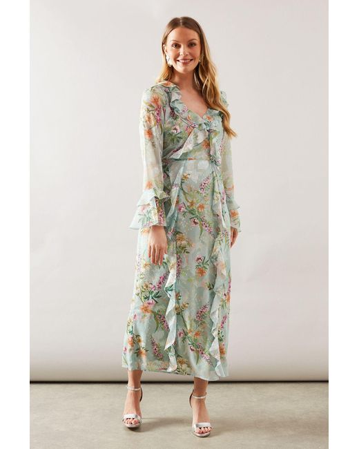 Wallis Green Floral Ruffle Belted Midaxi Dress