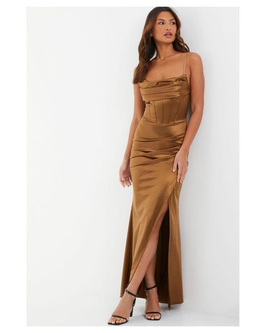 Quiz Brown Satin Corset Wrap Maxi Dress