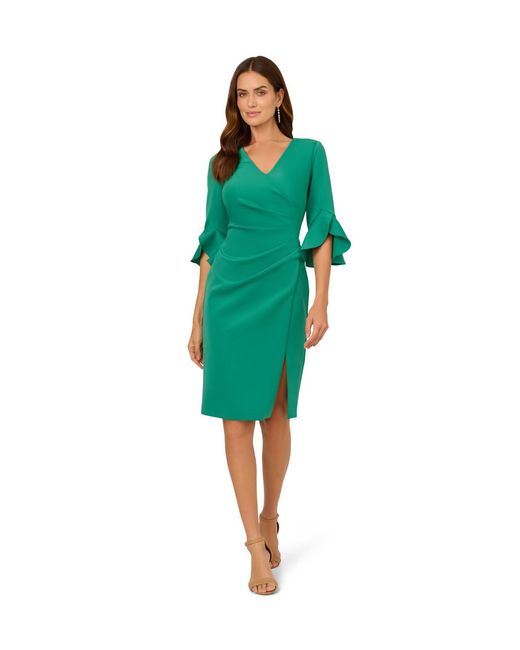 Adrianna Papell Green Scuba Faux Wrap Midi Dress