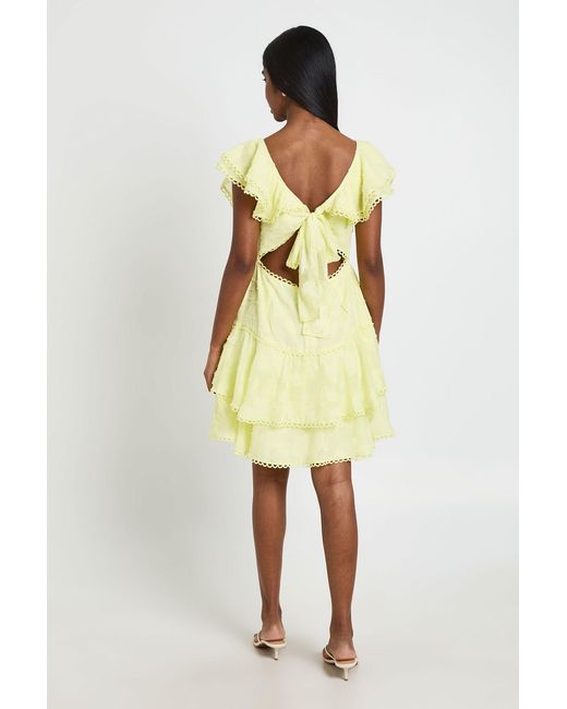Boohoo Yellow Occasion Burnout Open Back Ruffle Detail Mini Dress