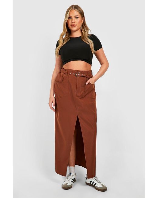 Boohoo Brown Plus Woven Eyelet Belted Maxi Skirt