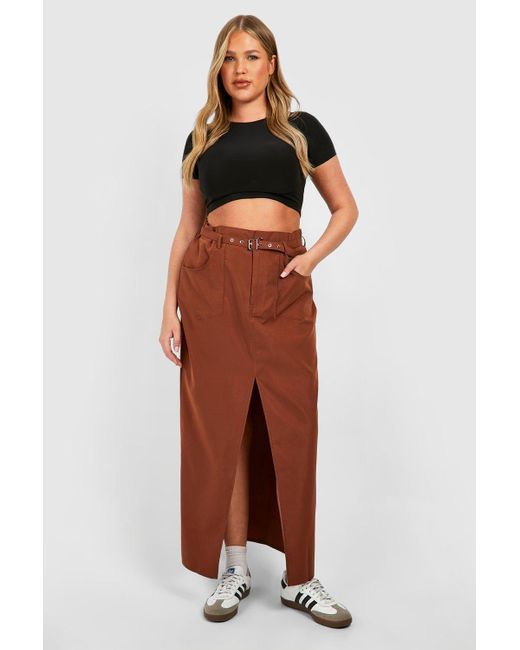 Boohoo Brown Plus Woven Eyelet Belted Maxi Skirt