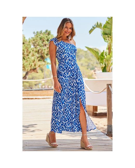 Sosandar White Aztec Print One Shoulder Fit & Flare Maxi Jersey Dress