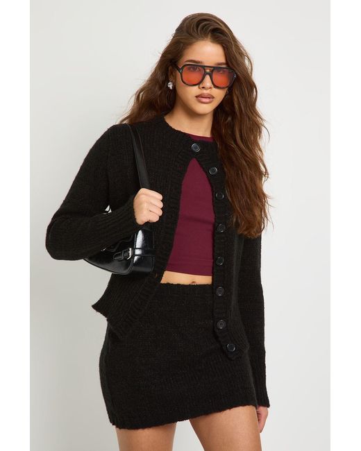 Boohoo Black Crew Neck Knitted Cardigan And Mini Skirt