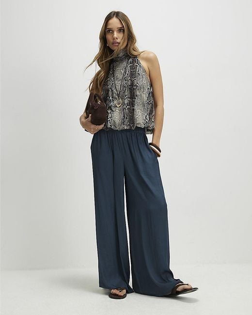 River Island Blue Trousers Satin Elasticated Flowing