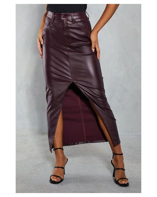 MissPap Red Denim Coated Split Front Maxi Skirt