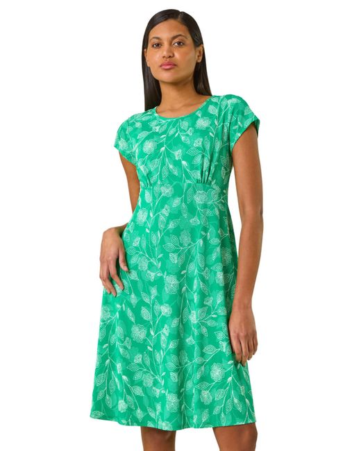 Roman Green Stretch Floral Puff Print Midi Dress