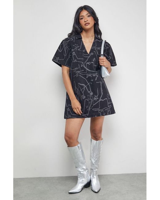Warehouse Blue Tony Printed Boxy Denim Mini Dress With Pockets