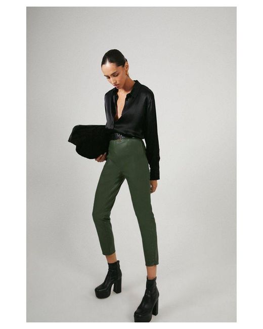 Warehouse Green Cropped Slim Faux Leather Trouser