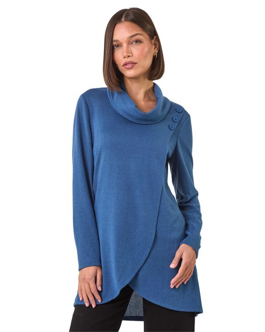 Roman Blue Wrap Front Cowl Neck Top