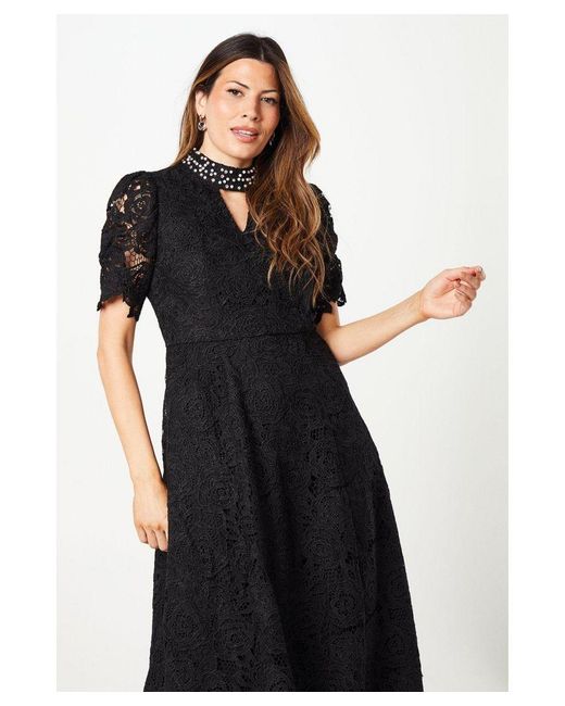 Wallis Black Occasion Embellished High Neck Lace Midi Dress