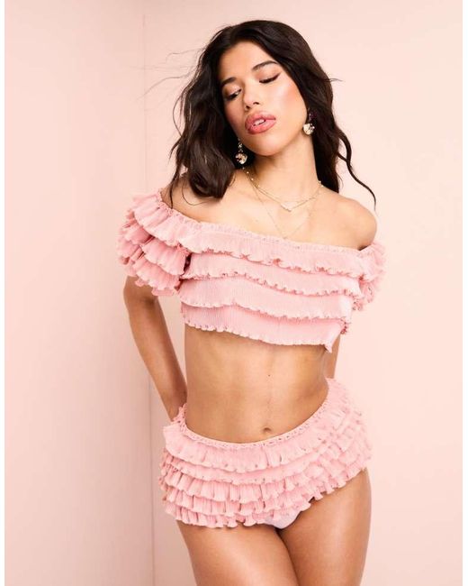 ASOS Pink Off Shoulder Ruffle Bikini Top Co-Ord