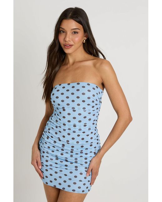 Boohoo Blue Tonal Polka Dot Ruched Bodice Mini Dress