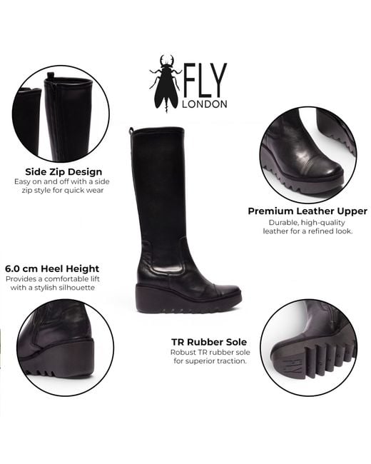 Fly London Black Leather High Wedge Heel Long Boots