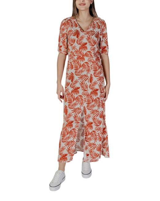 B.Young Leaf Print Maxi Jurk Vneck Korte Mouwen in het Brown