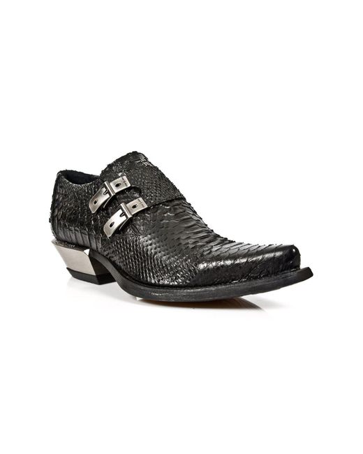 New Rock Black Embossed Python Leather Buckled Shoes-7934-S2 for men