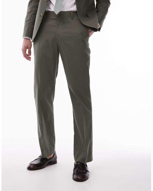 Topman Green Straight Linen Blend Suit Trouser for men