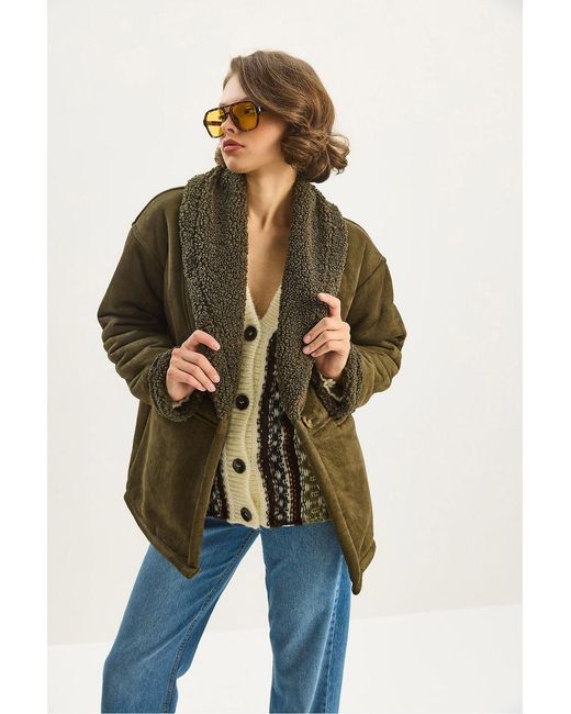 Bianco Lucci Brown Faux Fur Detailed Buttoned Coat