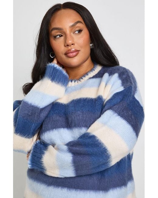 Boohoo Blue Plus Brushed Stripe Oversized Sweater