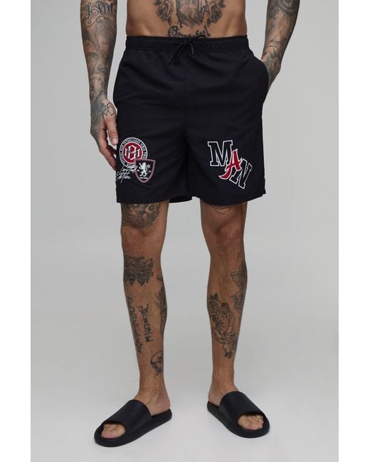 BoohooMAN Black Tall Varsity Badge Short Swim for men