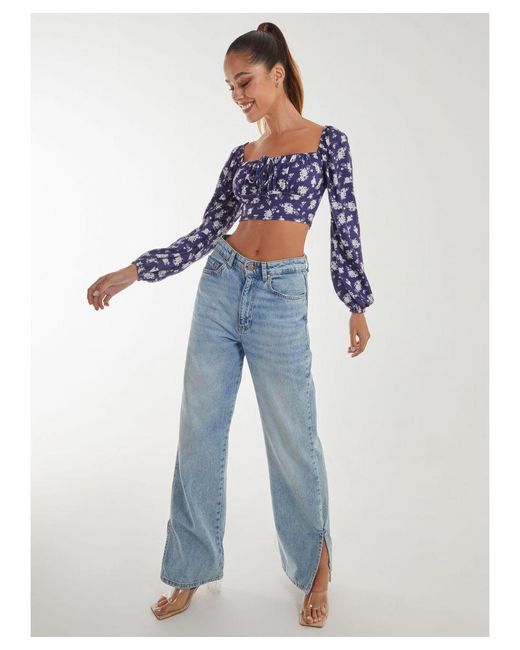 Pink Vanilla Blue Floral Printed Long Balloon Sleeve Top