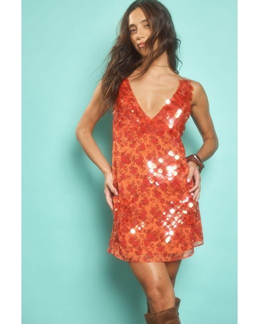 Nasty Gal Orange Floral Chiffon Placed Sequin Mini Dress